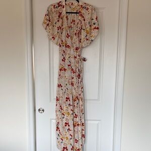 Floral Wrap Maxi Dress in Cream with Red & Yellow Accents